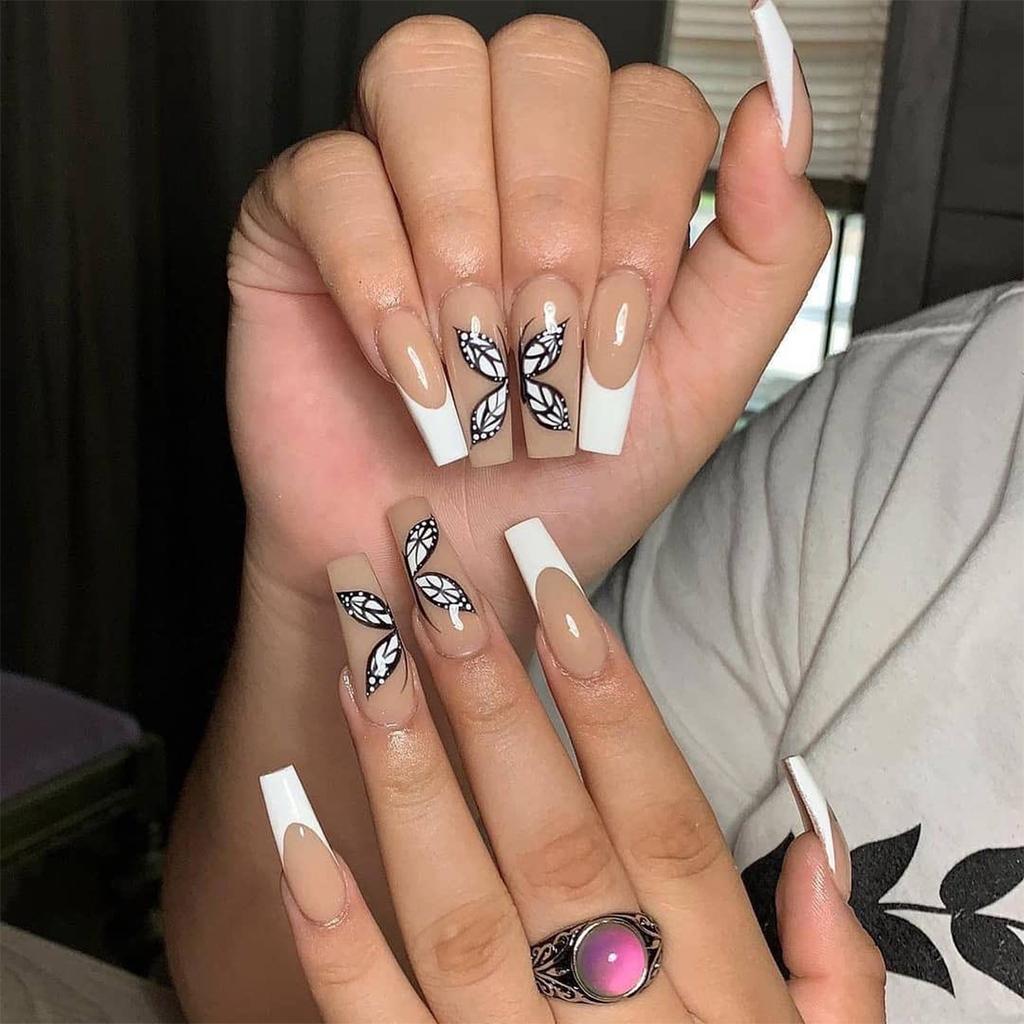 24Pcs Marble Gradient Gold Foil Long Coffin False Nails Full Cover Detachable Press On Nail Tips