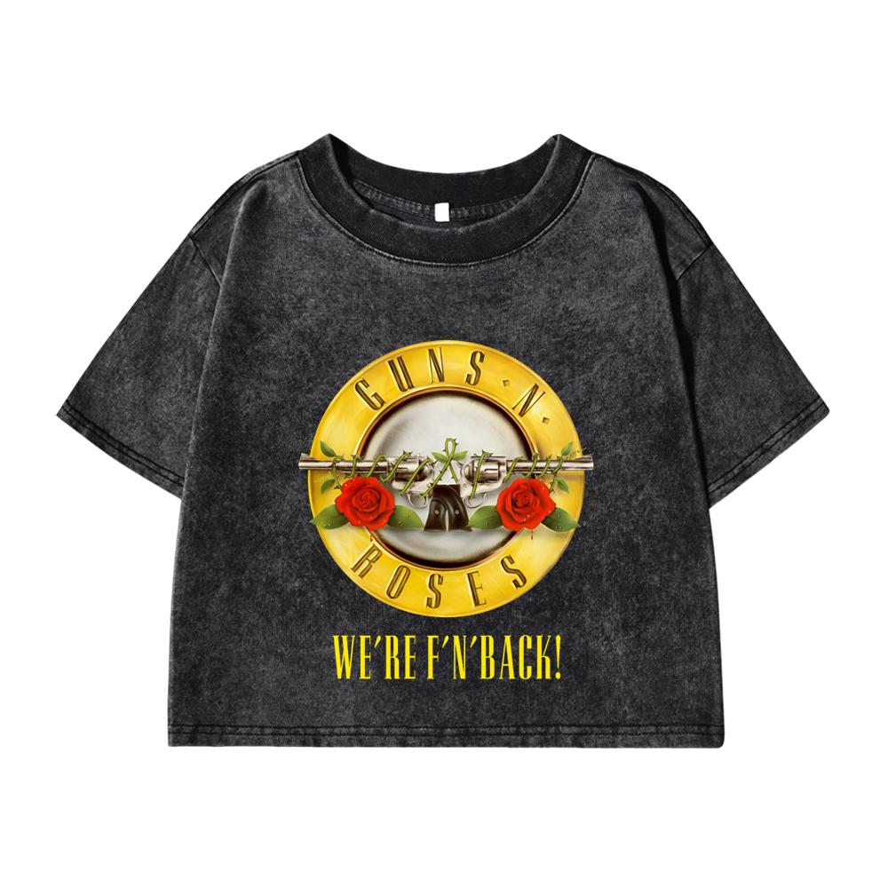 

Women S Cotton Crop Tops Distressed O-Neck Washed T-Shirts Roses And Guns Printing Short Sleeve Street Female Clothes M