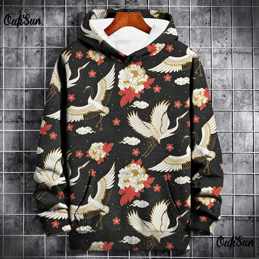 

Толстовки с капюшоном для мужчин с принтом журавлей в виде животных, высококачественная мужская одежда, повседневная, с длинными рукавами, свободный свитер большого размера, топы Harajuku 5XL