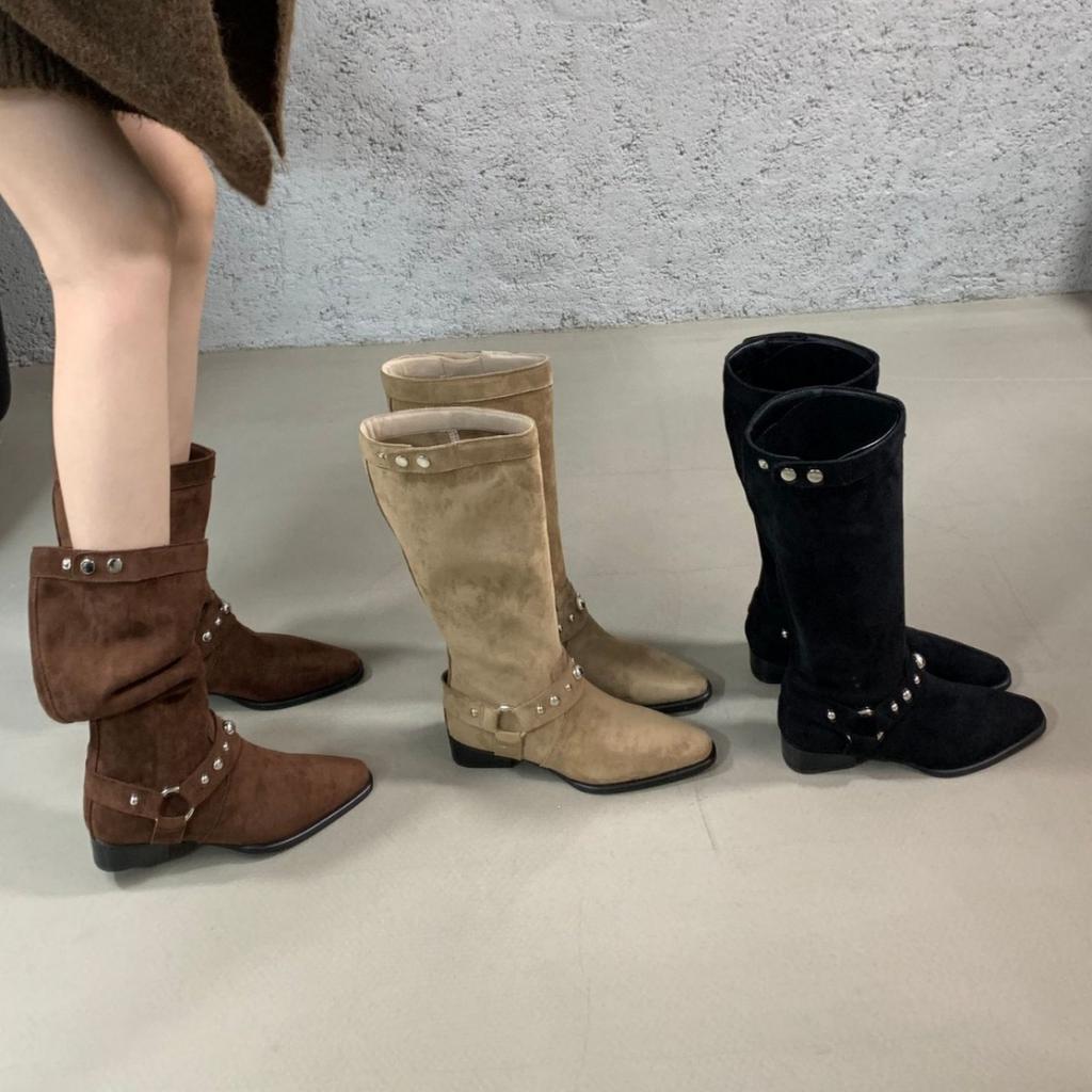 Retro Western Cowboy Boots Women's 2025 Autumn New Niche Design Belt Buckle Thick Heel High Knight Boots