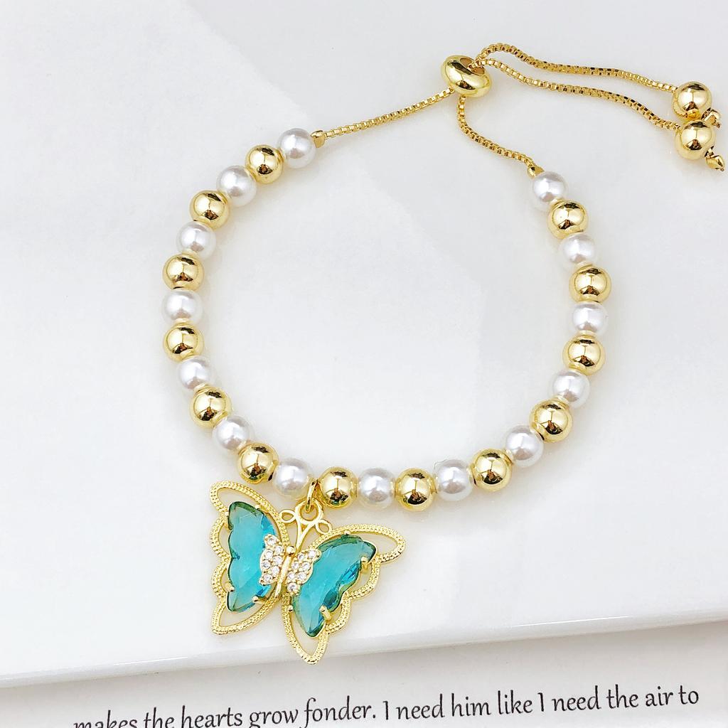 Luxury Butterfly Crystal Zircon Copper Bead Pearl Chain Bracelet Charming for Women Girls Daily Party Wrist Jewelry Wholesale