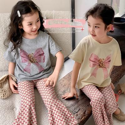 Girls' Western Style Suit Summer Children's Baby Short-sleeved Bear Butterfly T-shirt Flared Pants Two-piece Suit
