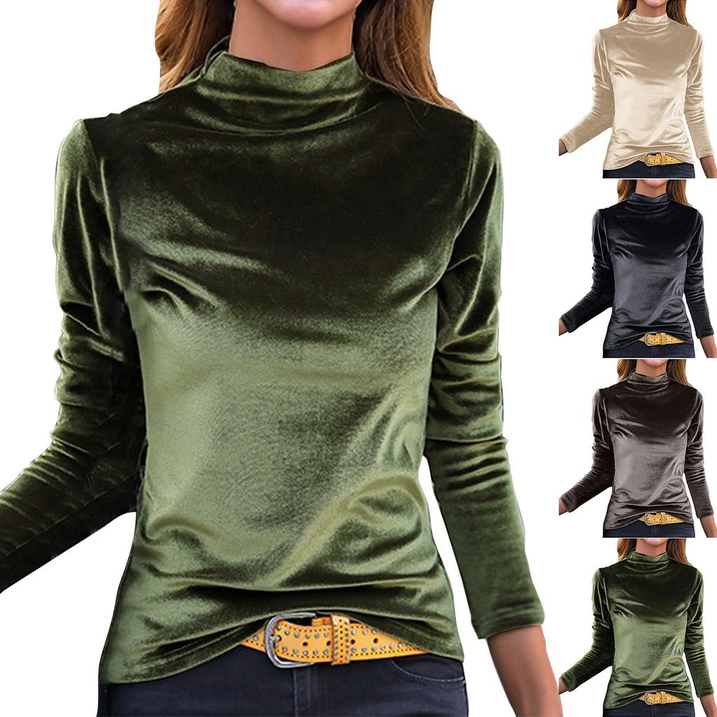 Women's Solid Color Half Turtle Neck Bottoming Shirt Gold Velvet Inner Versatile Top Long Sleeve T-Shirt