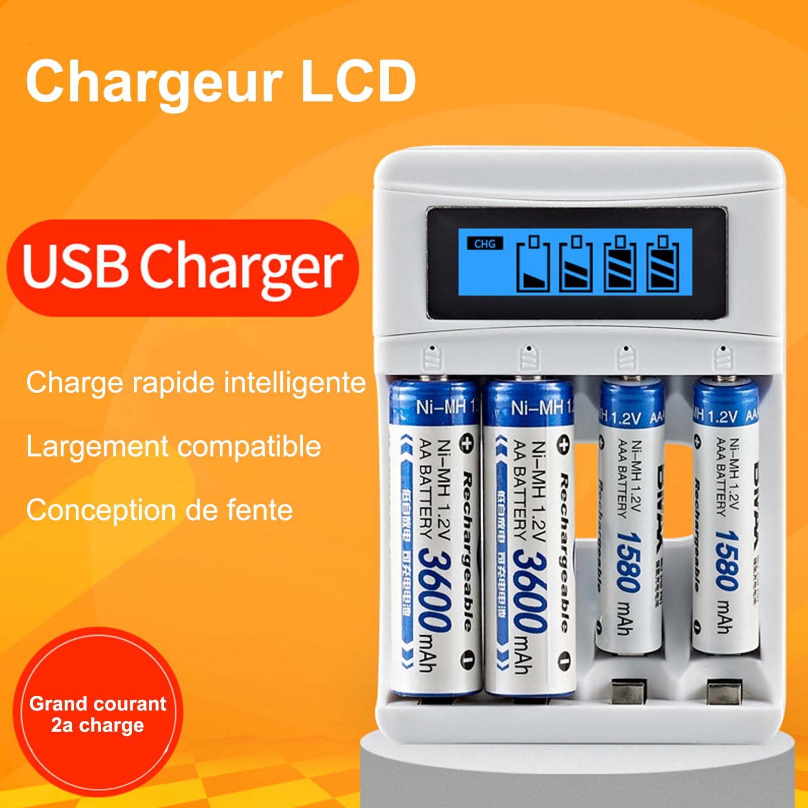 4 Slots Battery Charger with LCD Display for AA AAA Ni-MH Rechargeable Battery Smart Rechargeable Battery Charger USB 2A Fast white