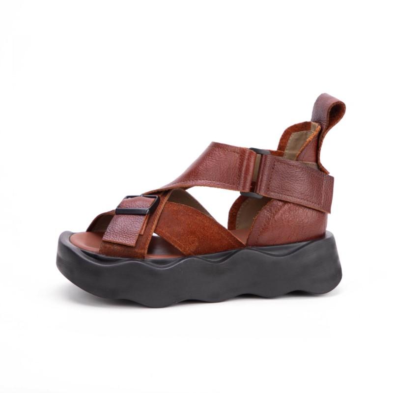 Johnature Genuine Leather Flat Platform Sandals Vintage Peep Toe Thick Soled Women's Shoes