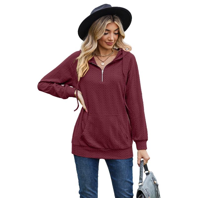 Autumn Winter Solid Color Hooded Zipper Loose Long Sleeved Sweatshirt for Women