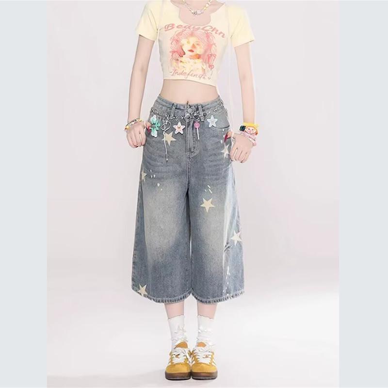 American Star-printed Washed Denim Cropped Pants Men's New Summer Casual Pants Wide-leg Shorts Women