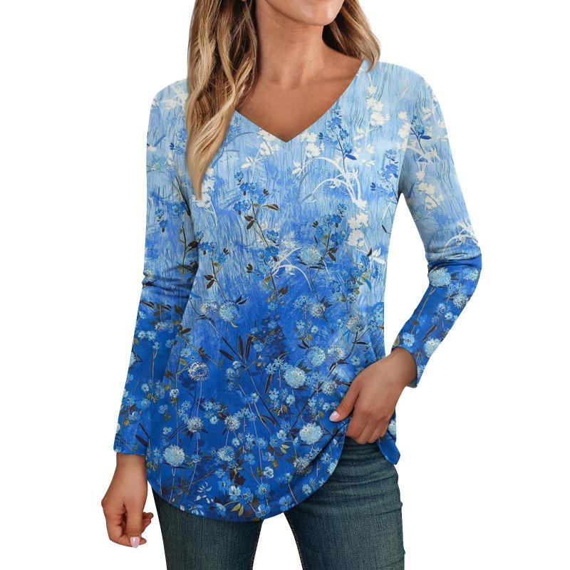 Damen Langarmshirts V-Ausschnitt Casual Blumendruck Basic Trendy T-Shirt Blusen Herbst Tunika Outfits Taillierte T-Shirts Damen