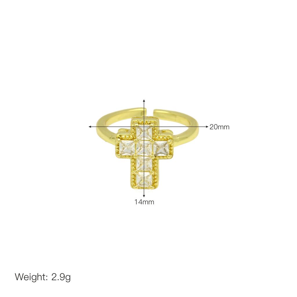 Copper Plated Zirconium Lucky Tree Cross Open Ring Women'S Light Luxury Design Hand Jewelry