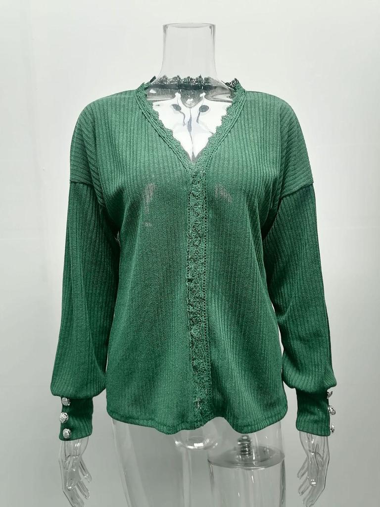 2025 Elegant V-Neck Lace Pullover Sweater - Women’s Autumn/Winter Long Sleeve Knitwear