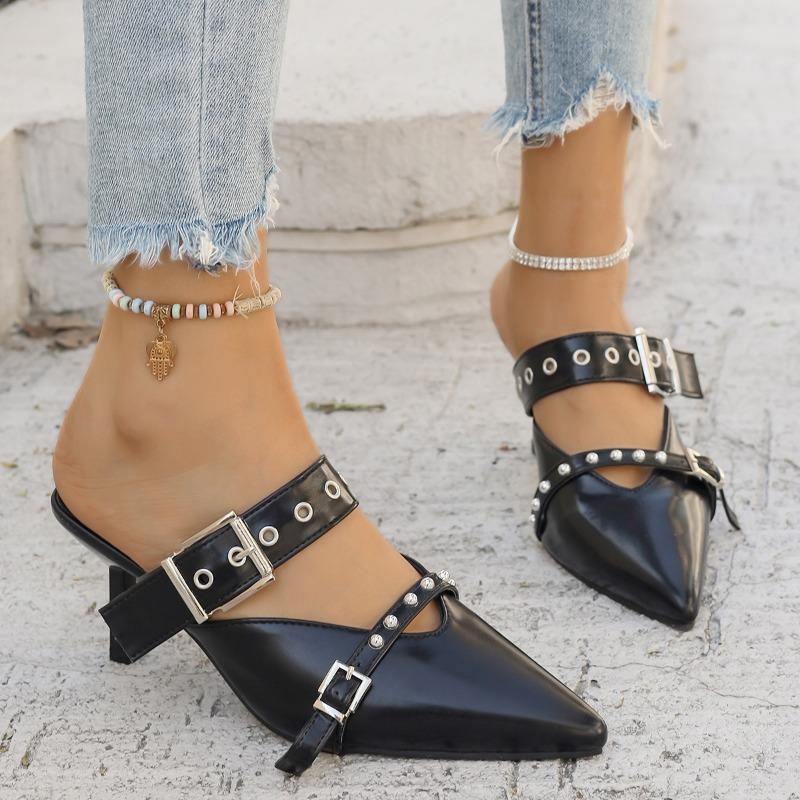 Fashion Summer New Sandals for Women Fashion Pointed Head Shallow Mouth Rivets Metal Buckle A Slip-on Wear-resistant Stiletto Heels