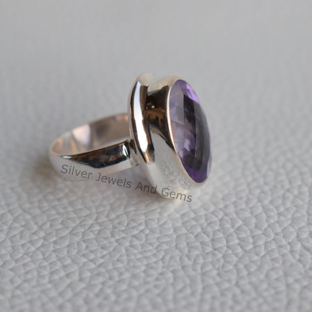 Natural Amethyst Ring, Handmade Ring, 925 Sterling Silver Ring, Oval Checker Amethyst Ring, February Birthstone Ring, Birthday Ring