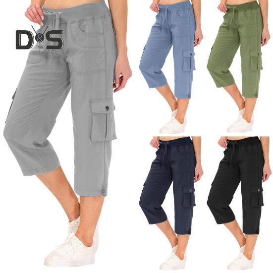 Cropped-Hose für Damen, elastischer Bund, verstellbarer Kordelzug, Wander-Cargohose mit mehreren Taschen, einfarbig, Kletterhose
