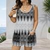 Women Plus Size White USA Flag Printed Scoop Neck Sleeveless Tie Strap Loose Fit Romper With Patch Pockets