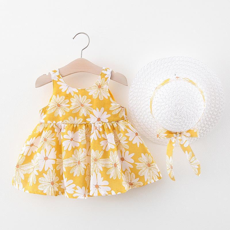 A749 Summer Baby Girl Princess Dress with Big Bow & Flower Skirt, Includes Hat, for Ages 1-4