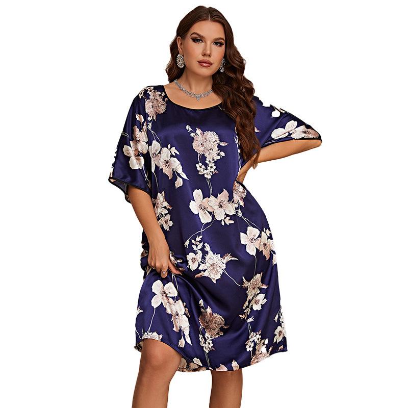 Women's Plus Size Nightgown Mid-length Printed Pullover Dress Homewear Ice Silk Nightgowns