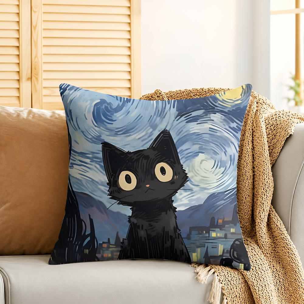 Cat Starry Sky Van Gogh Cushion Cover Silky Short Plush Invisible Zipper Dustproof Sofa Pillow Case For Home Decor