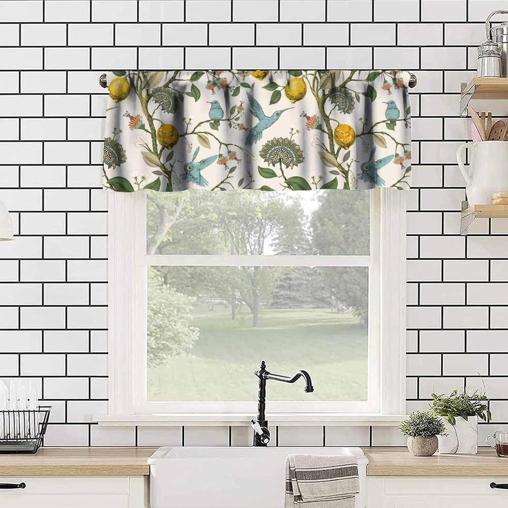 Retro Lemon Kitchen Valance, Summer Blue Birds Lemon Tree Nature Botanical Plants Flowers Hummingbird Spring Print Short Blackout Window Curtain for
