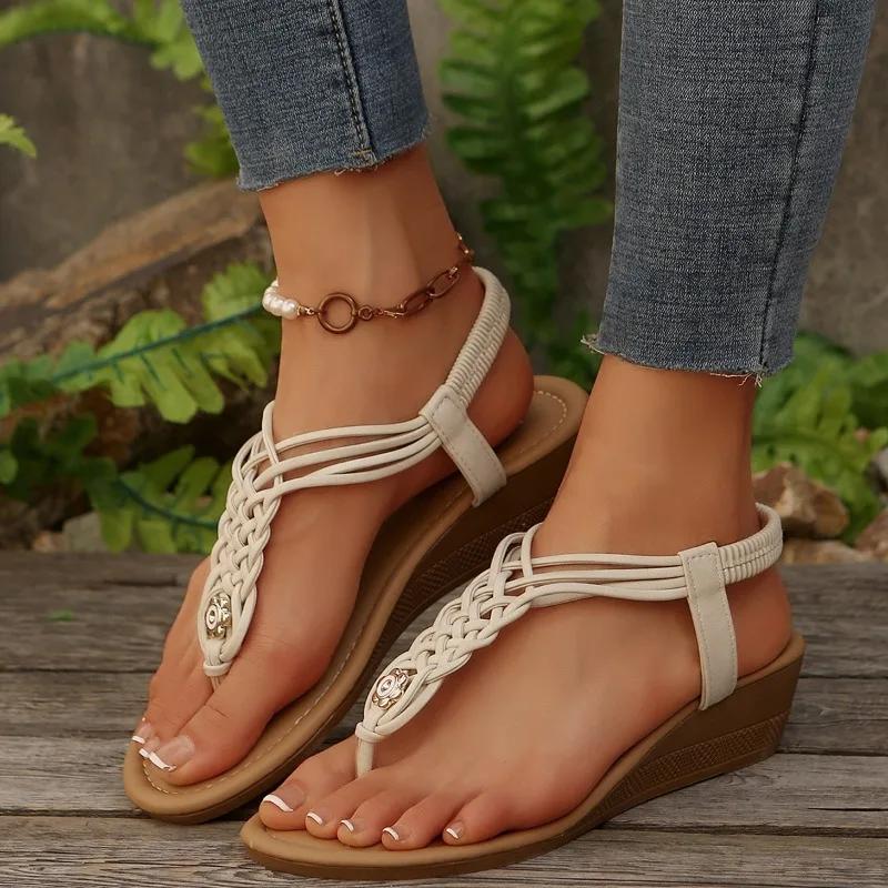 2025 Plus Size Summer Women's Thong Sandals Outdoor Narrow Band Weave Elastic Band Wedges Sandals for Casual Daily Rome Shoes