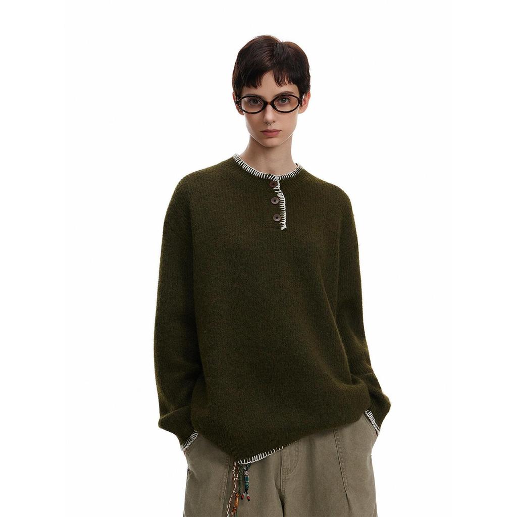 Unisex Retro Henley Neck Knit Sweater - Casual Autumn Pullover