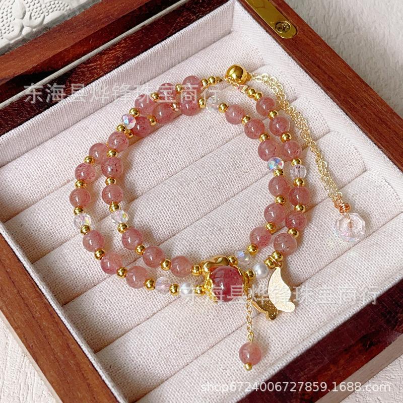 Strawberry crystal double circle double layer bracelet bow niche fresh and fashionable women s bracelet.