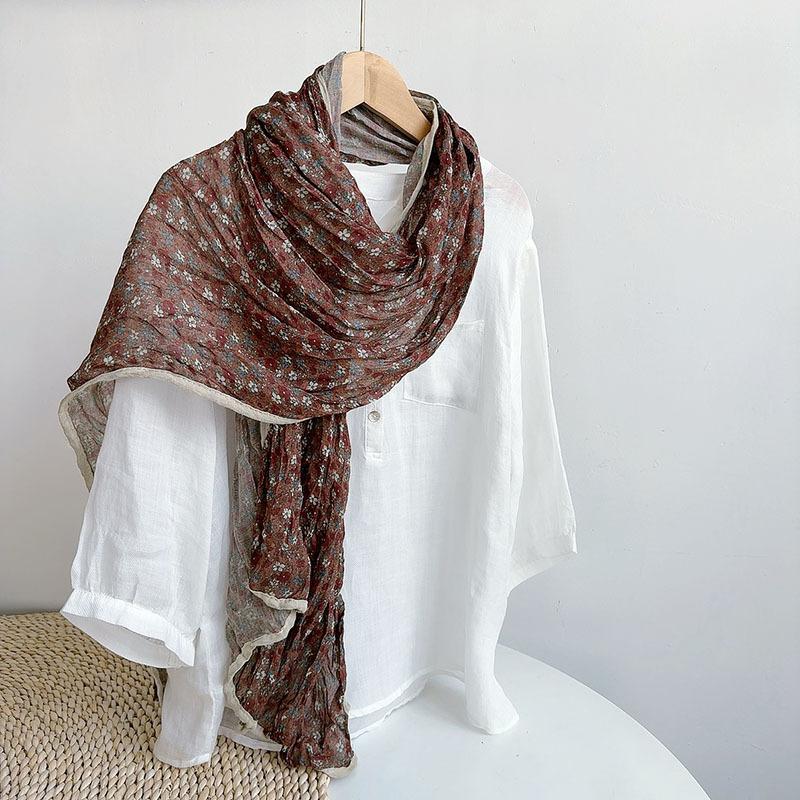 Autumn Winter Floral Scarf Retro Versatile Korean Version Cotton And Linen Scarves Women'S Thin Breathable Shawls