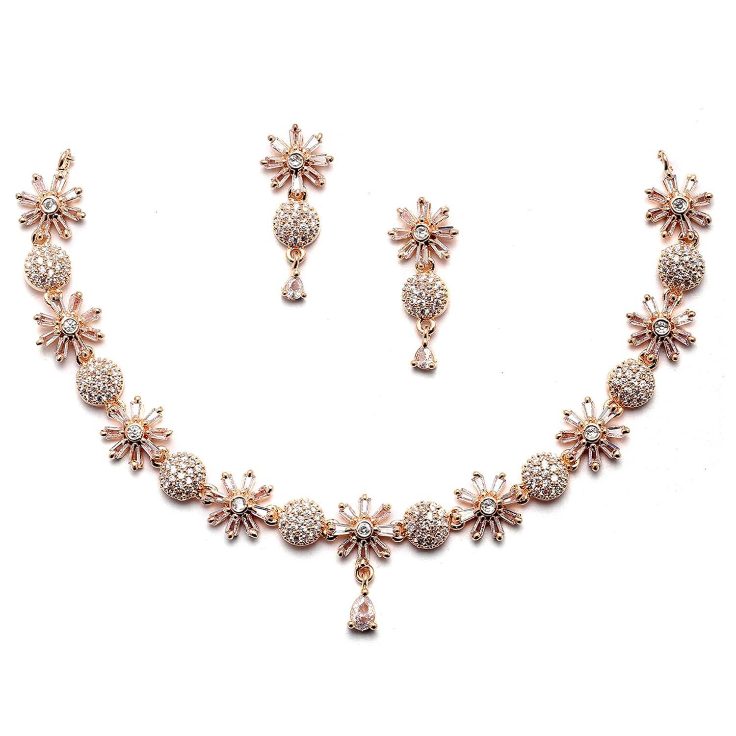 

Rhodium Plated Silver Toned White American Diamond Studded Necklace With Earring Jewellery Set For Woment and Girl