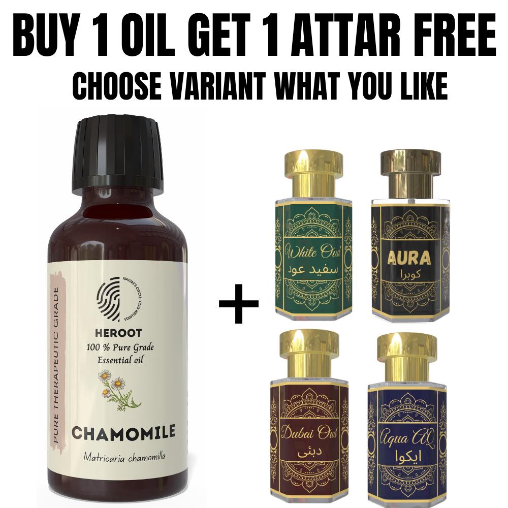 Chamomile Essential Oil 10ml for Aromatherapy & Home Fragrance Get 1 Free 6 Ml Attar – Aqua AQ, Dubai Oud, Aura, White Oud