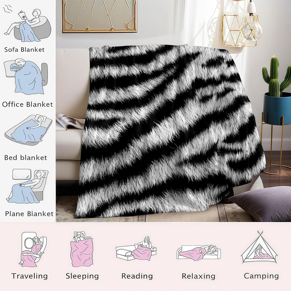 Furry Zebra Print Flannel Blanket Warm Soft Halloween Christmas Couch Warm Cozy Decorative Decor Gift For All Season