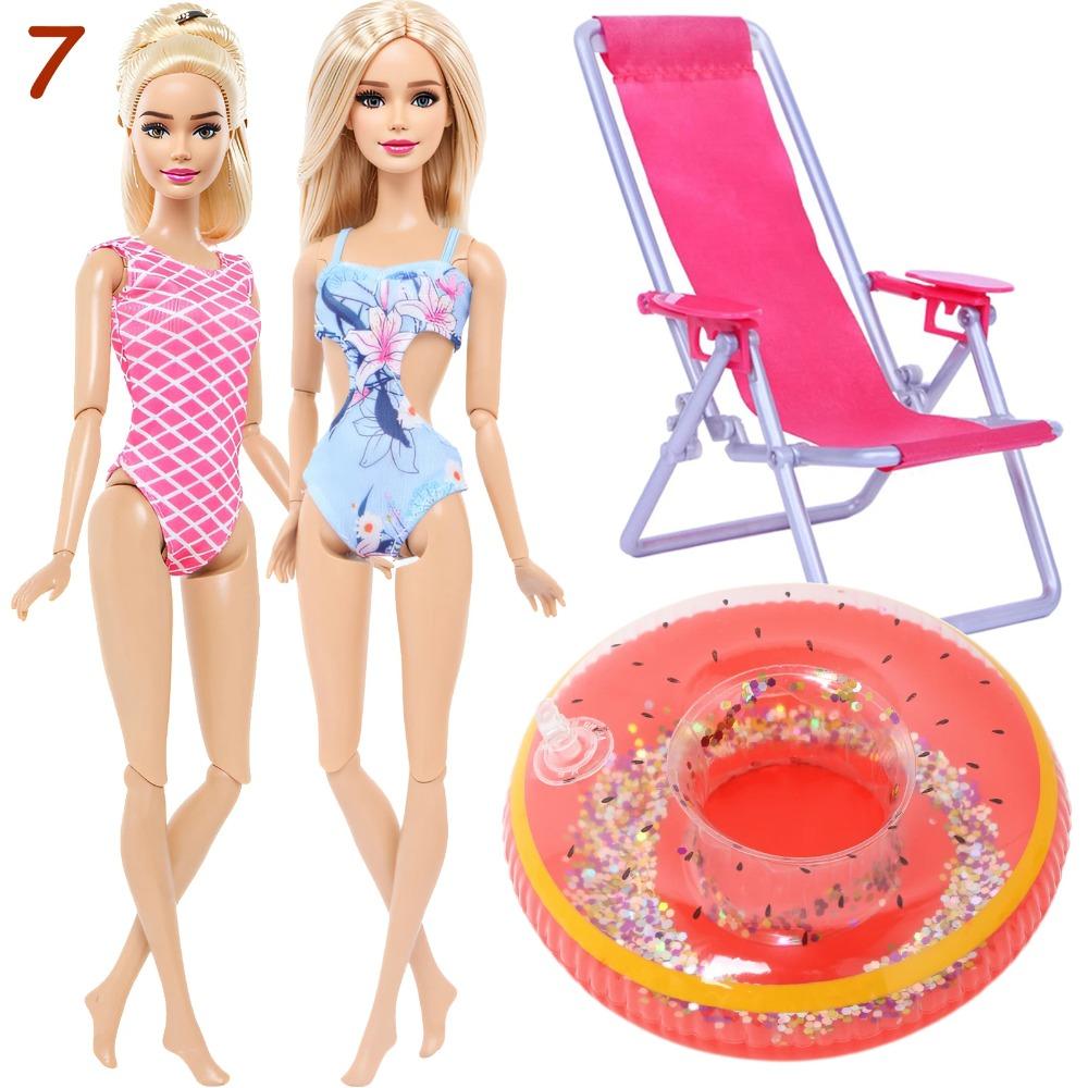 4 Przedmioty Akcesoria do Kostiumów Kąpielowych dla Lalki 2x Kostium Kąpielowy Bikini 1x Leżak Plażowy 1x Nadmuchiwany Koło do Pływania 30CM Ubranka dla Lalki 11,8 Calowa Zabawka Lalka