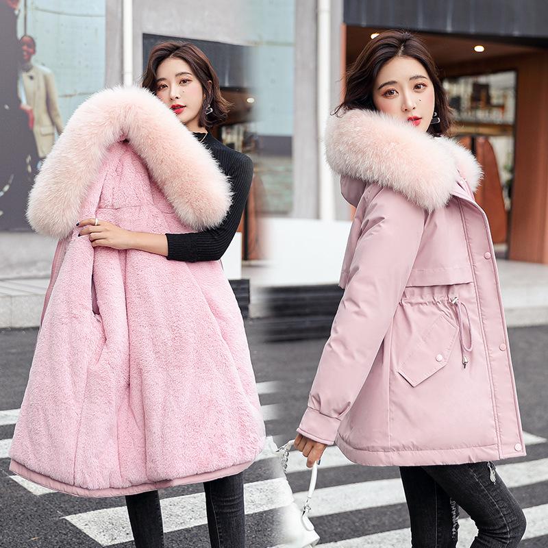 Nuovo cappotto invernale lungo da donna in cotone imbottito, in rete rossa, per superare il collo in pelliccia grande, foderato in pile, taglie forti, in vita, corto