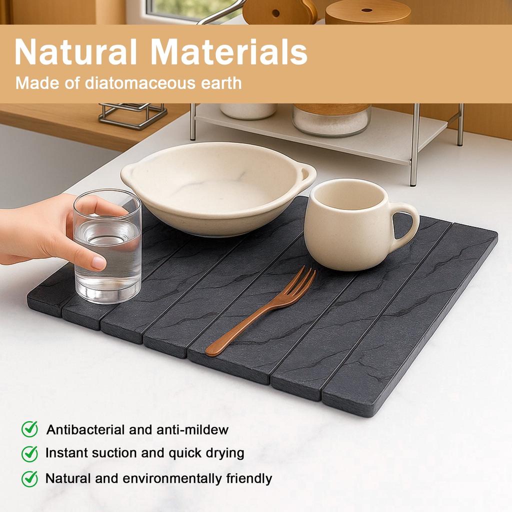 Large Diatomite Drying Mat for Dishes, 24x16 Inch Foldable Non-Slip Kitchen Counter Mat, Fast Absorbing & Antibacterial Sink Pad
