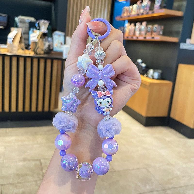 Cute Bowknot Hairball Phone Chain Sanrio Hello Kitty Melody Cinnamoroll Kuromi Keychain Bag Pendant Kawaii Hand Drawn Bead Gift