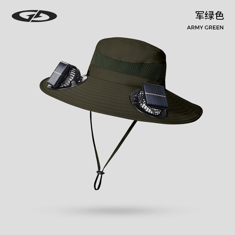 Solar Fan Hat Anti-UV Outdoor Wide Brim Sun Hat with 2 Fans Rechargeable Men Fisherman Cap for Camping Fishing Hiking