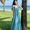 Holiday style dress strap-up suspender skirt women's clothing summer temperament loose and thin A-shaped skirt blue medium and long skirt