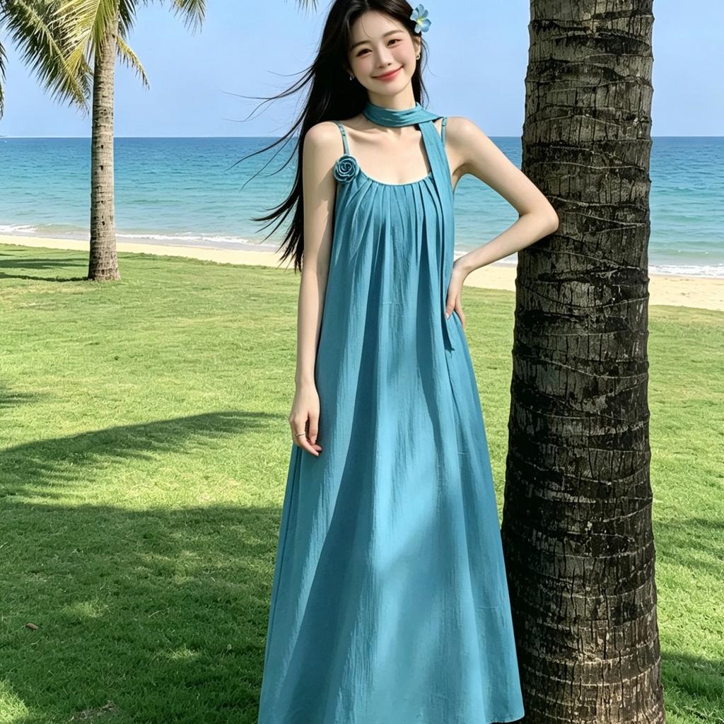 Holiday style dress strap-up suspender skirt women's clothing summer temperament loose and thin A-shaped skirt blue medium and long skirt