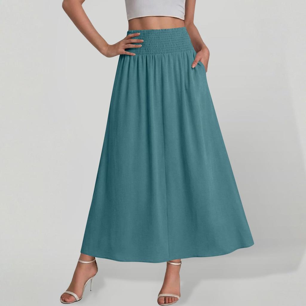 Women High Waist Loose A Line Maxi Skirt with Pockets Casual Solid Flared Elastic Waistband Long Skirt for Daily Wear