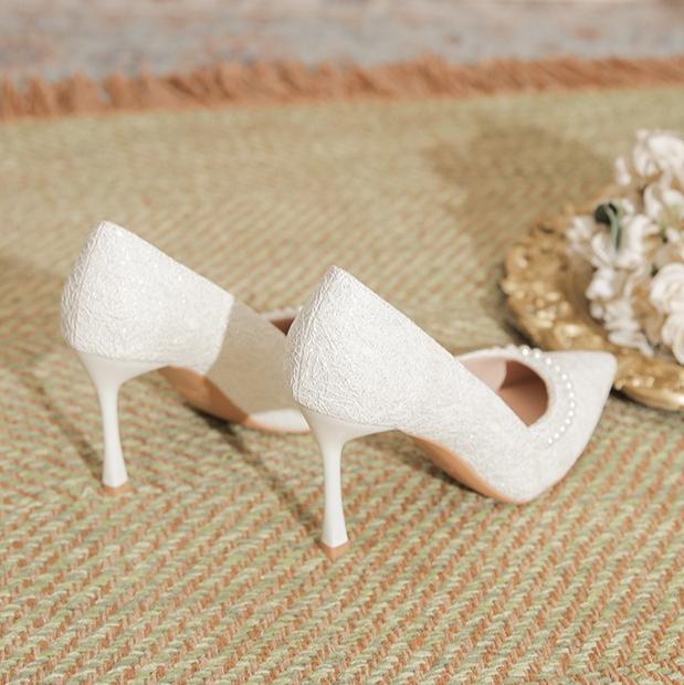 Fashion High Heels Women's New Pearl Lace High Heels Womens Thin Heels Pointed Bridesmaids Solid Color Large Size Wedding Shoes