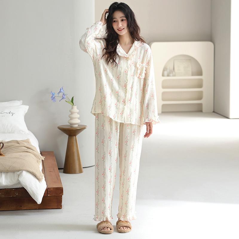 Woven Pure Cotton Pajamas Women's Spring and Autumn New Long-sleeved Loose Double-layer Gauze Sweet and Cute Loungewear Set