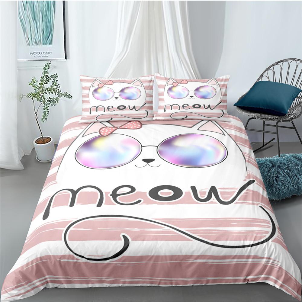Classic Modern Cartoon Cat for Kids Girl Polyester Kitten 2 3pcs Animal Single Twin Queen King Quilt