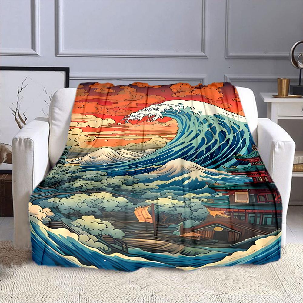 "Japanese Wave and Sunset Scene" Patterned flannel blanket perfect for the bedroom living room, sofa, or a little nap