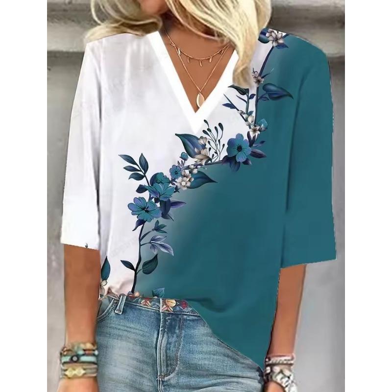 Summer New Women T-shirt Floral 3d Print Tshirt Women Fashion V-Neck Short Sleeve Oversized Tops Tee Female Clothes Harajuku Y2k