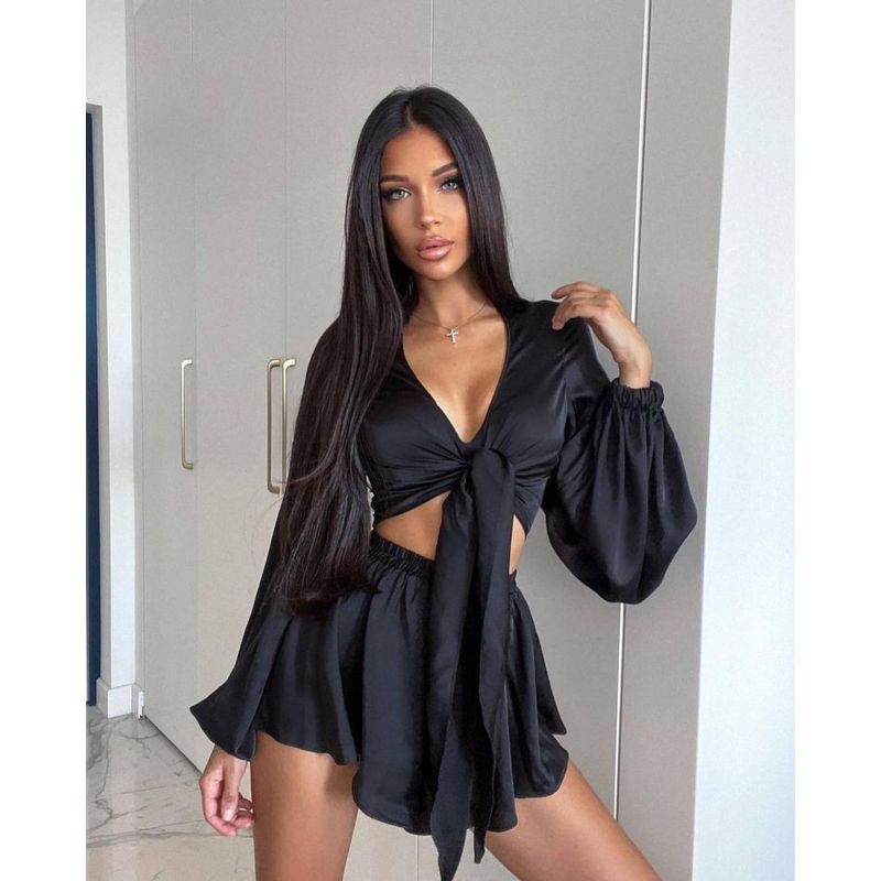 

Long Sleeve Top and Shorts Suit Shoelace Sexy Deep V Zero Long Sleeves Tops Shorts Suit black XL