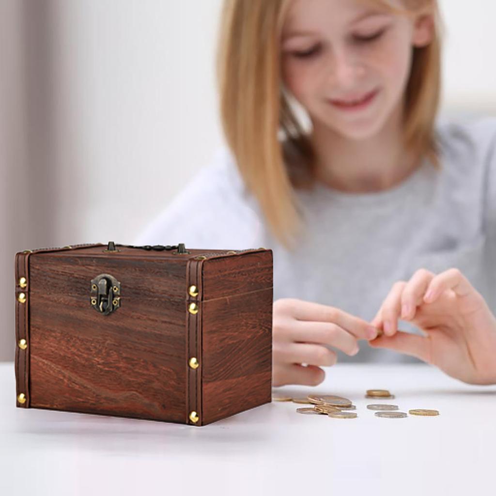 Cutie de bani mare din lemn P iggy Bank Seif Economii cu blocare sculptură în lemn realizată manual