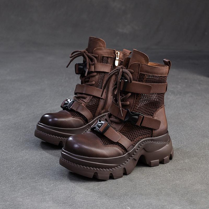 

Johnature Летние ботинки на толстой подошве с перфорацией из дышащей сетки, ретро, из натуральной кожи, универсальная женская обувь на платформе 38 коричневый