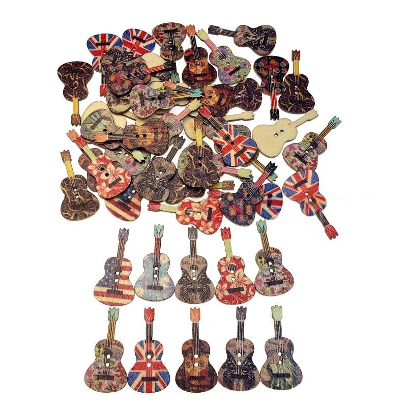 50Pcs Printed Wooden Guitar Buttons Mixed Colors 2 Hole Music Theme Decorative Wooden Buttons for DIY Sewing 35X18MM
