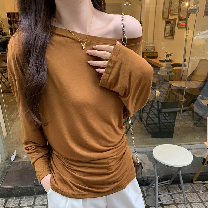Korean Style Tie-Waist Long-Sleeved Off-Shoulder T-Shirt for Women - Autumn Edition