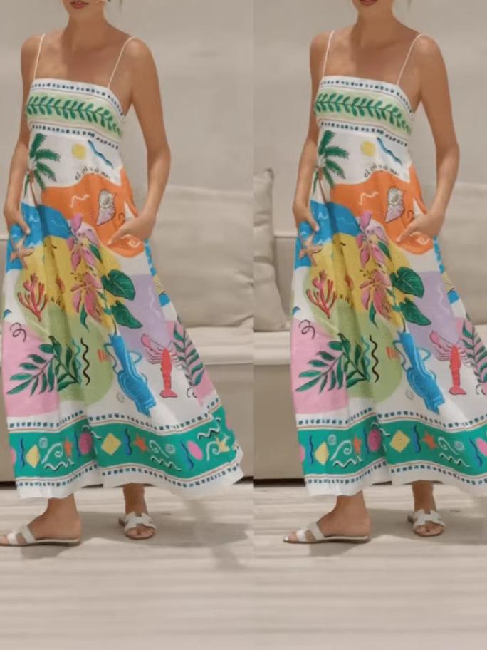 2026 New Beach Style Sleeveless Spaghetti Strap Dress with Positioning Print for Women