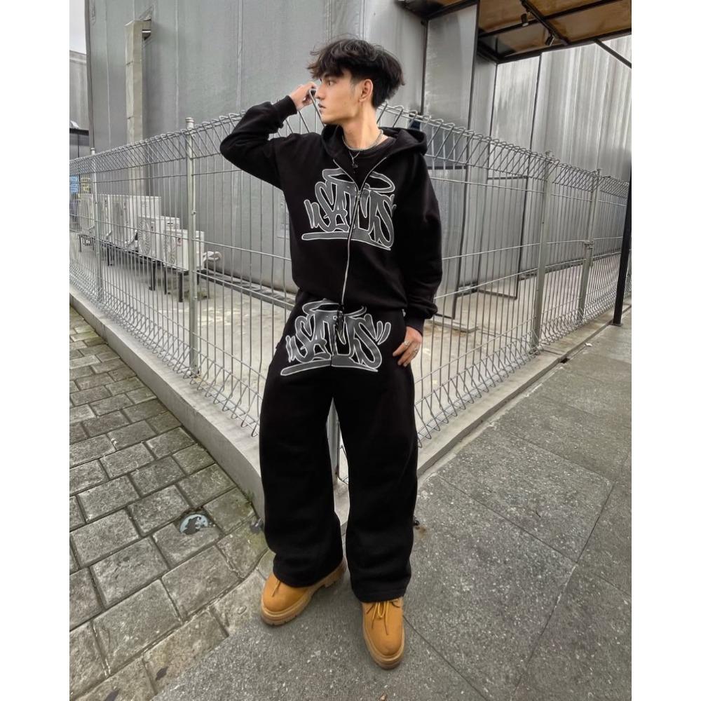 Sudadera con capucha y cremallera retro Y2k Harajuku Streetwear para hombre Moda Hip Hop Informal Estampada Pantalones Deportivos para Pareja
