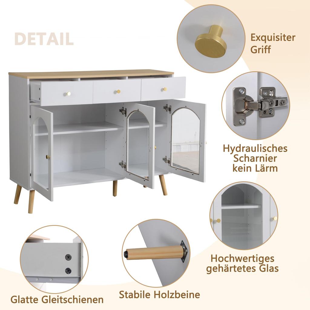 Buffet Sideboard 3 Glastüren & 3 Schubladen, Elegant Küchenschrank Kommode Flurschrank Stauraum, Wohnzimmer Esszimmer, 120cm, Weiß & Holzfarbe